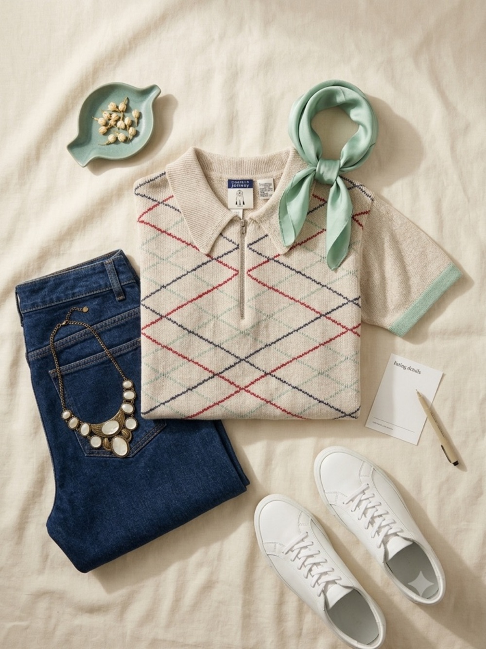 Vintage-Inspired Cream Argyle Polo Sweater with Mint Trim size S